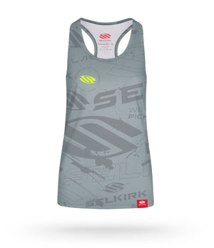 Cool Gray Emblem Series Women's Tank Top with Stretch-Wik Technology, featuring Selkirk logos