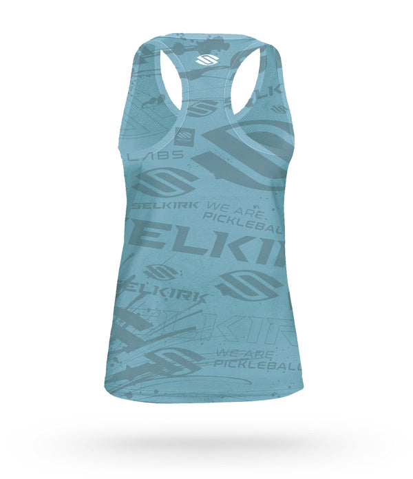 Crafted for Selkirk Sport pickleball athletes and fans, introducing the Selkirk Emblem Women's pickleball tank top with Selkirk's Stretch-Wik Technology in gray, blue, and green. Perfect for pickleball players.