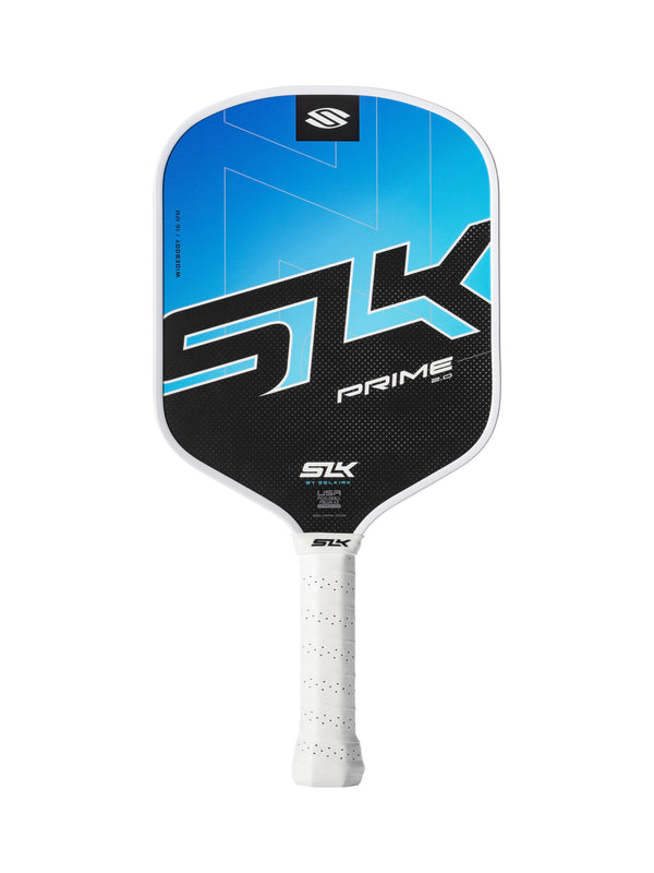 Blue and black SLK PRIME pickleball paddle with white perforated grip and small USA label