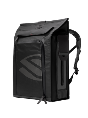 Close-up three-quarter of Pro Line 2.0 backpack showing blackout finish, front zip pocket, shoulder strap and trolley sleeve