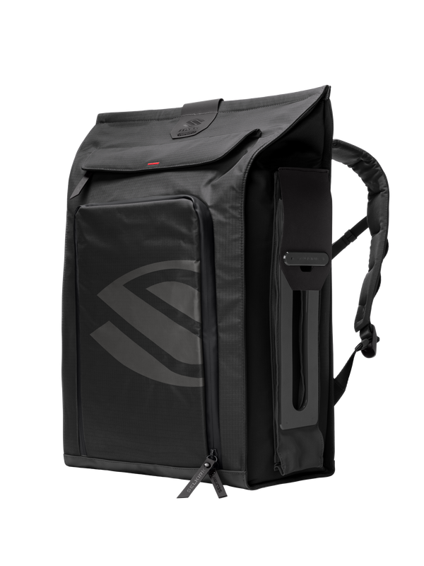 Close-up three-quarter of Pro Line 2.0 backpack showing blackout finish, front zip pocket, shoulder strap and trolley sleeve