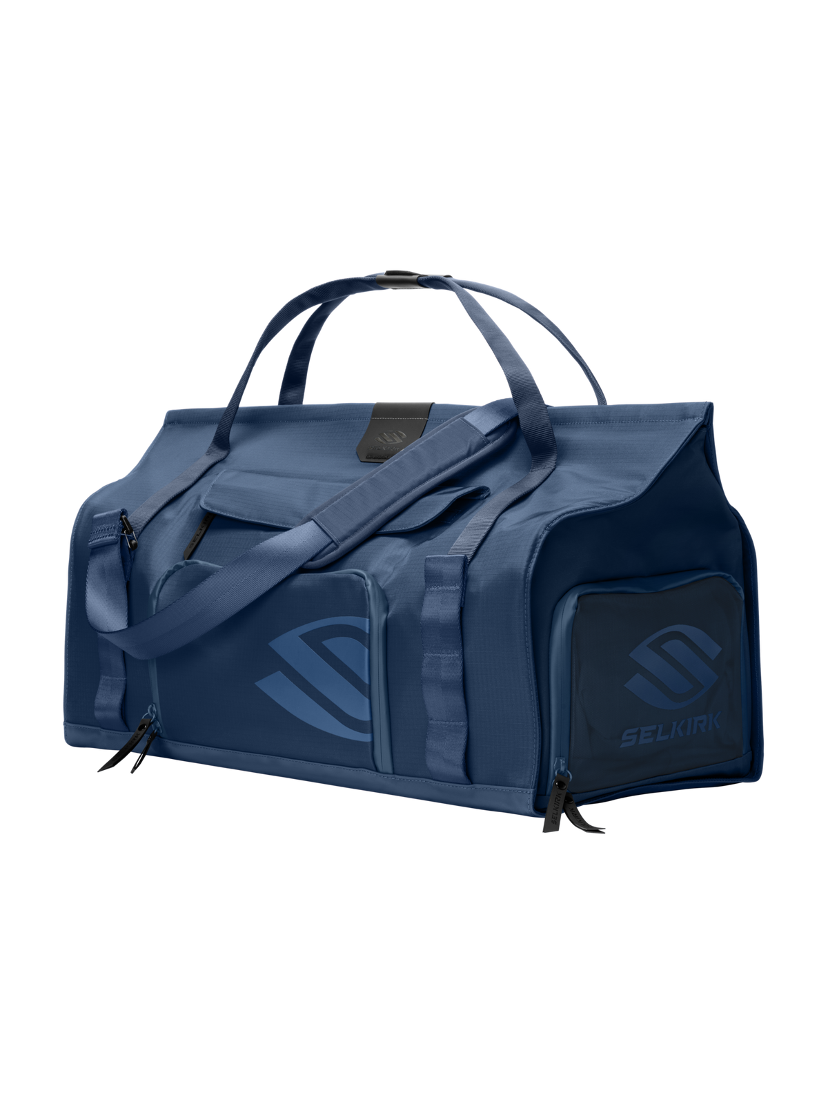 Front-right view of Selkirk Pro Line 2.0 duffel bag with top handles, padded shoulder strap and exterior zip pockets on dark background