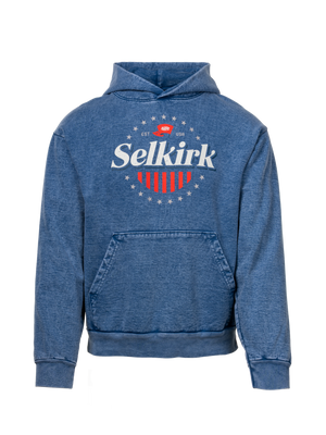 Blue 1776 Heavy Fleece Hoodie front view with kangaroo pocket and Americana chest graphic on transparent background
