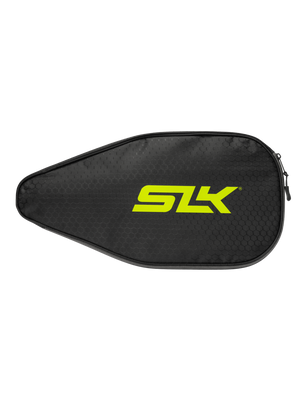 Front view of SLK Pickleball Paddle Protective Case showcasing black hex-patterned padding and green SLK logo