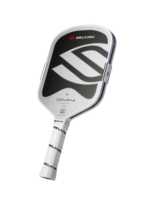 Angled view of OMNI widebody pickleball paddle, chalk white face with Selkirk logo and wrapped white grip on black background