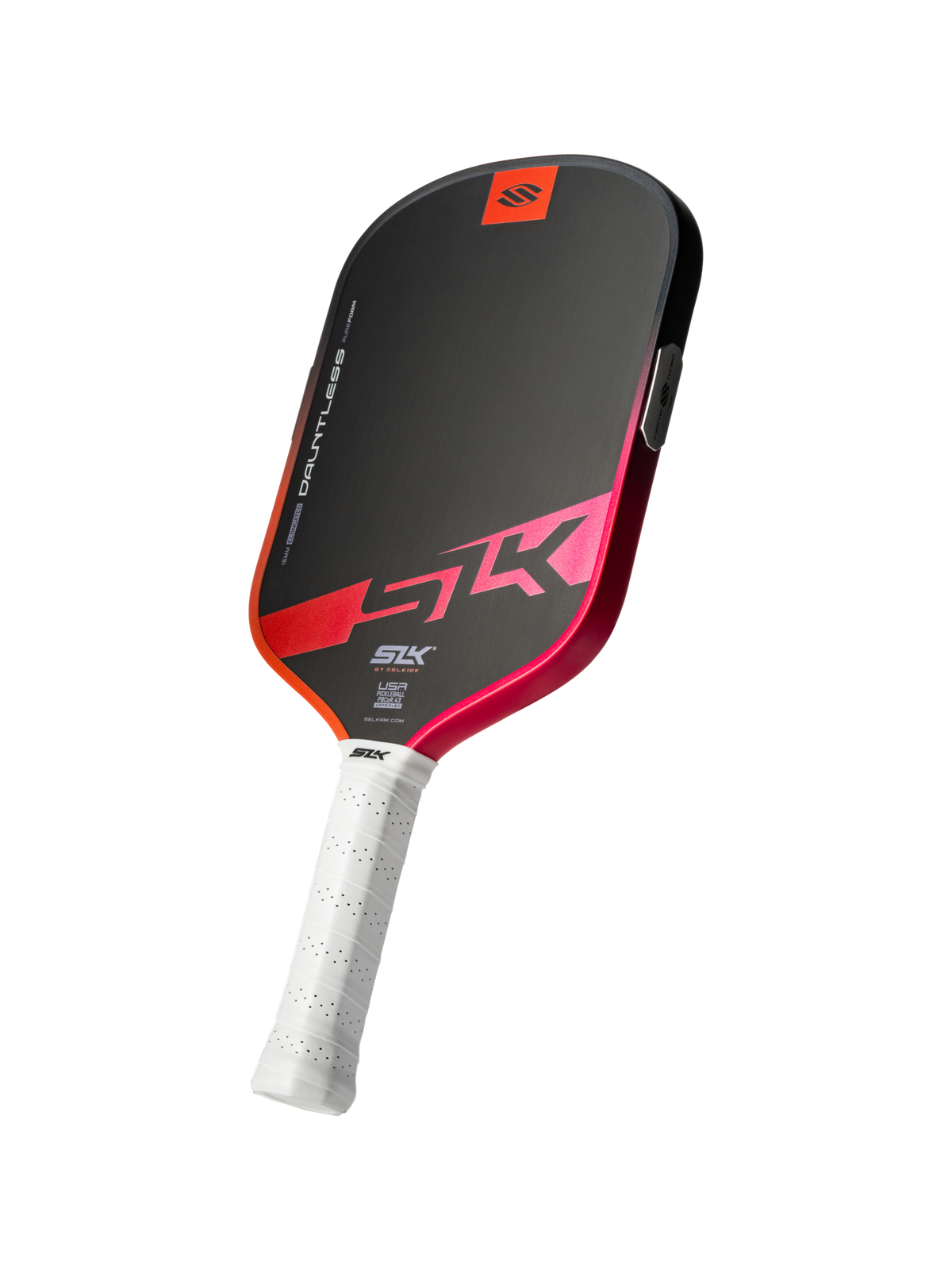 Angled view of SLK Dauntless elongated pickleball paddle showcasing black face with pink-red gradient edge and white perforated grip on transparent background