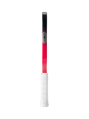 Side profile of SLK Dauntless pickleball paddle with red to black edge, metal logo plate, and white grip on white background