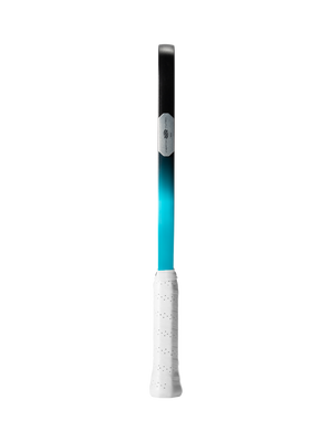 Vertical view of SLK Geo pickleball paddle handle showing white grip, cyan-to-black shaft and silver hex badge