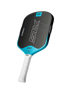 SLK pickleball paddle with teal trim and white grip; branding reads SLK, G80, USA