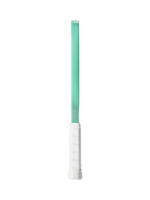 Side view of SLK Valkyrie pickleball paddle showcasing jade green rail, thin edge profile, and white perforated grip on white background