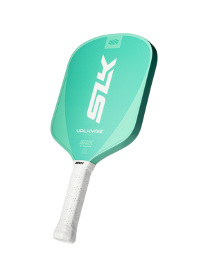 Angled view of Valkyrie pickleball paddle showcasing jade-green textured face, white perforated grip, and SLK logo on a dark background