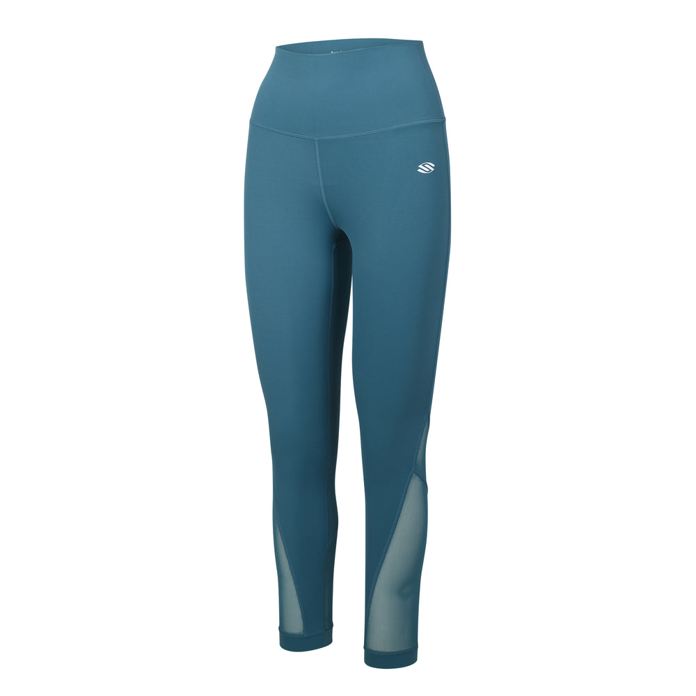 AvaLee by Selkirk Women's Mid-Rise Sheer Calf Legging in Tahoe Teal with sheer calf panels