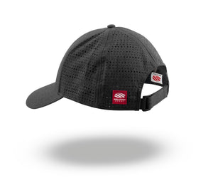 Rear view of dark perforated baseball cap with adjustable strap and red brand patch reading SELECTION