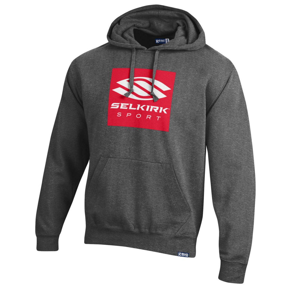 Charcoal/Heather Selkirk Box Logo V2 Pullover Fleece Hoodie with red logo text