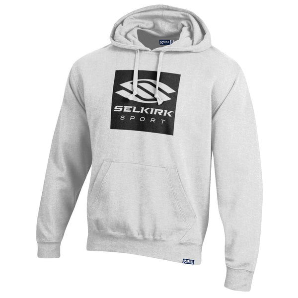 Iced/Heather Selkirk Box Logo V2 Pullover Fleece Hoodie with a large black logo on the front