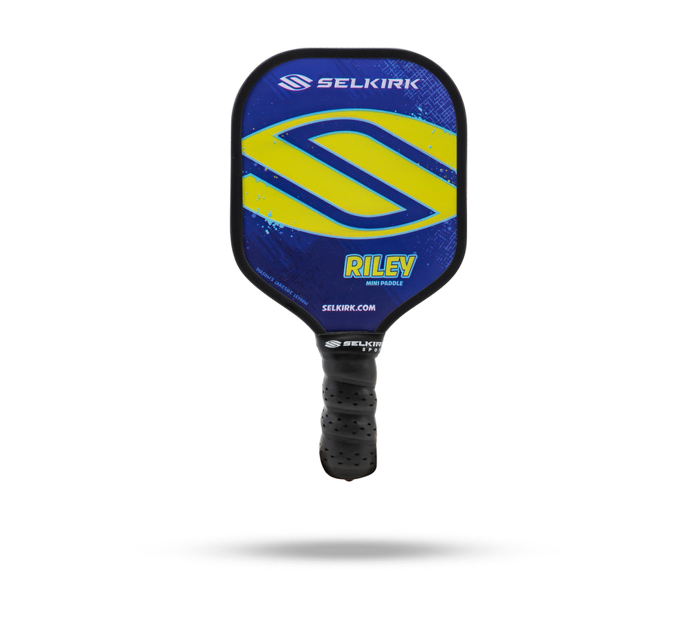 Lakeside Lime Selkirk Sport Riley Mini Pickleball Paddle with blue and yellow stripes