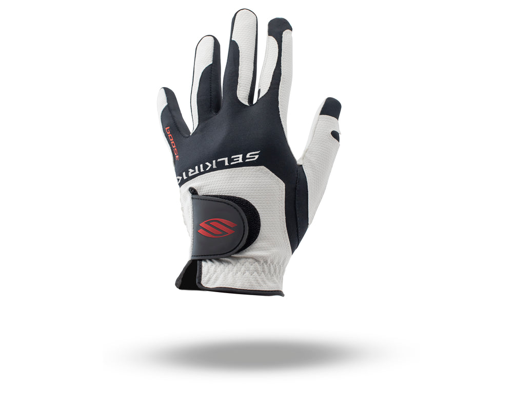 Selkirk Sport Pickleball Boost Glove in black and white, designed for enhanced grip and comfort.