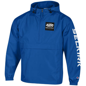 Selkirk x Champion Packable Jacket in blue with logo on chest and sleeve