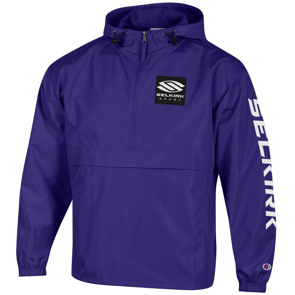 Selkirk x Champion Packable Jacket in blue with logo on chest and sleeve