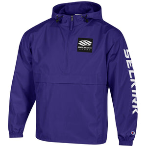 Purple Selkirk Packable Jacket with Champion logo, featuring a hood and long sleeves.