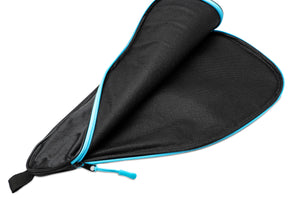 A black and blue SLK Pickleball Paddle Protective Case, unzipped to show interior.