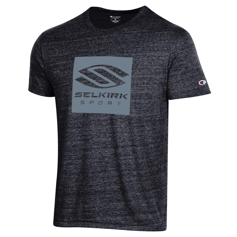 Black Selkirk Men's Box Logo Short Sleeve Crew featuring a large logo on the front