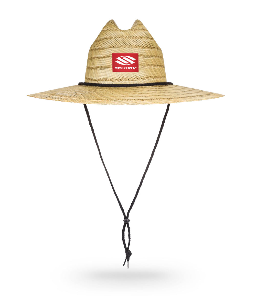 Selkirk Sport straw hat with wide brim and logo, ideal for pickleball players.