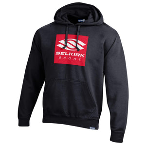 Black hoodie featuring a large red Selkirk logo on the front