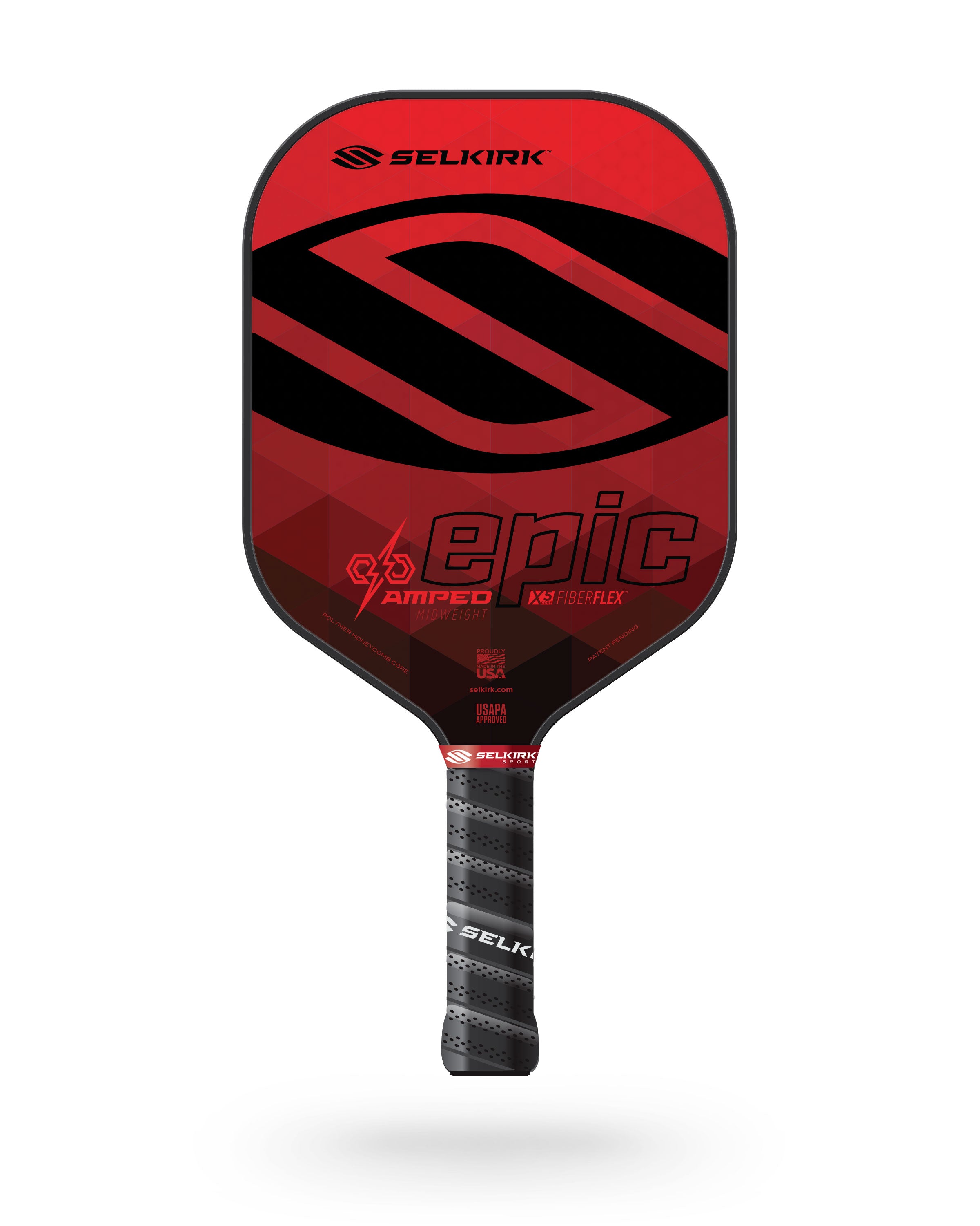 Selkirk Sport AMPED Epic Pickleball Paddle in red, black, blue, or purple.