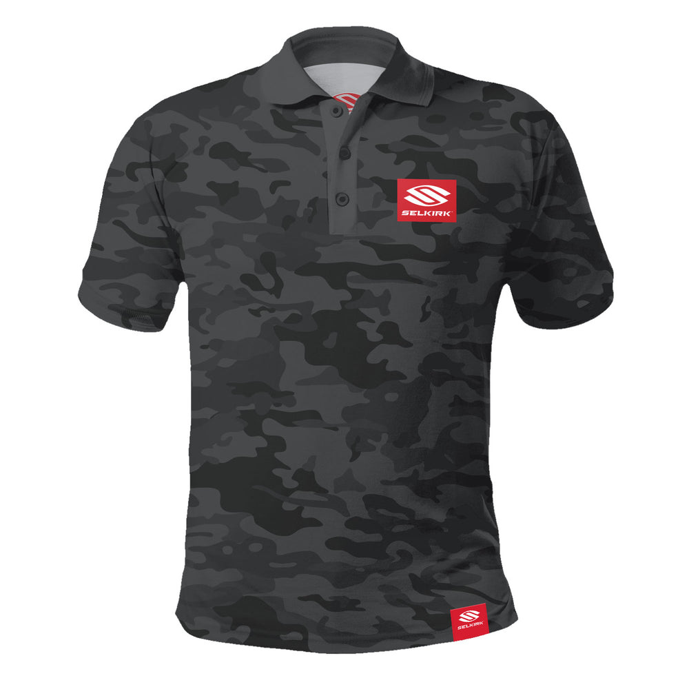 Black Selkirk Men's Red Label Polo featuring a camo pattern and Stretch-Wik Technology