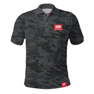 Black Selkirk Men's Red Label Polo featuring a camo pattern and Stretch-Wik Technology