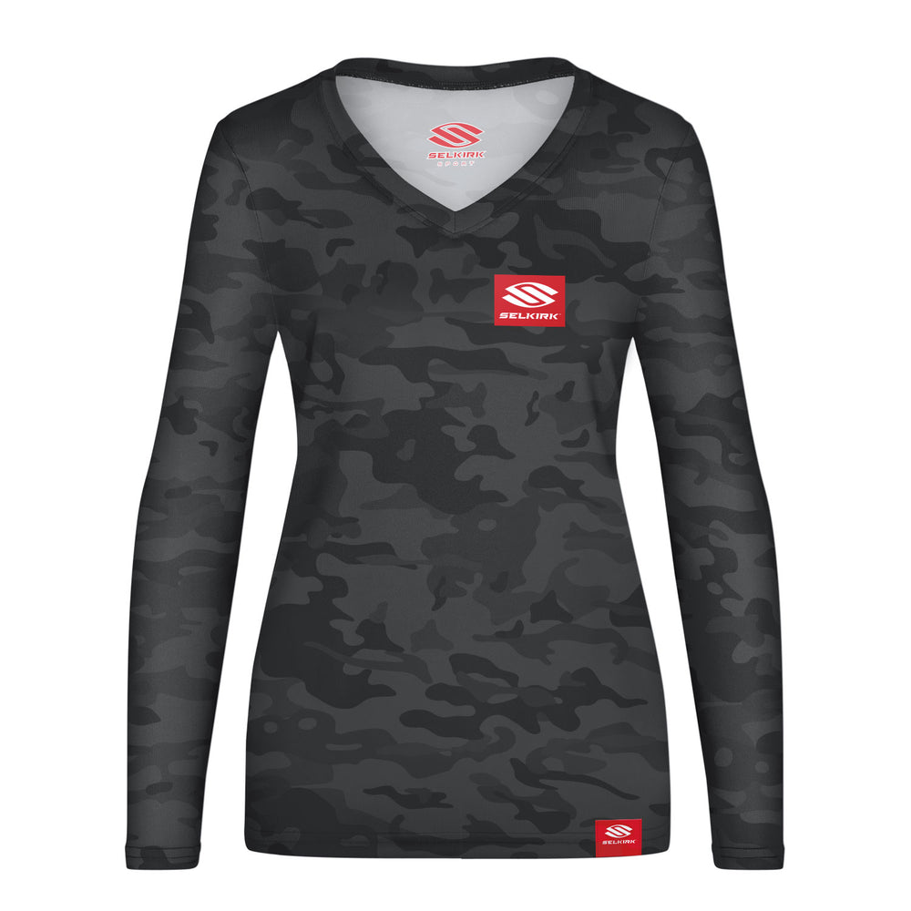 Selkirk Women's Red Label Long Sleeve V-Neck in camo pattern with logo