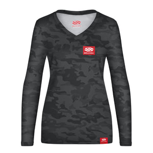 Selkirk Women's Red Label Long Sleeve V-Neck in camo pattern with logo
