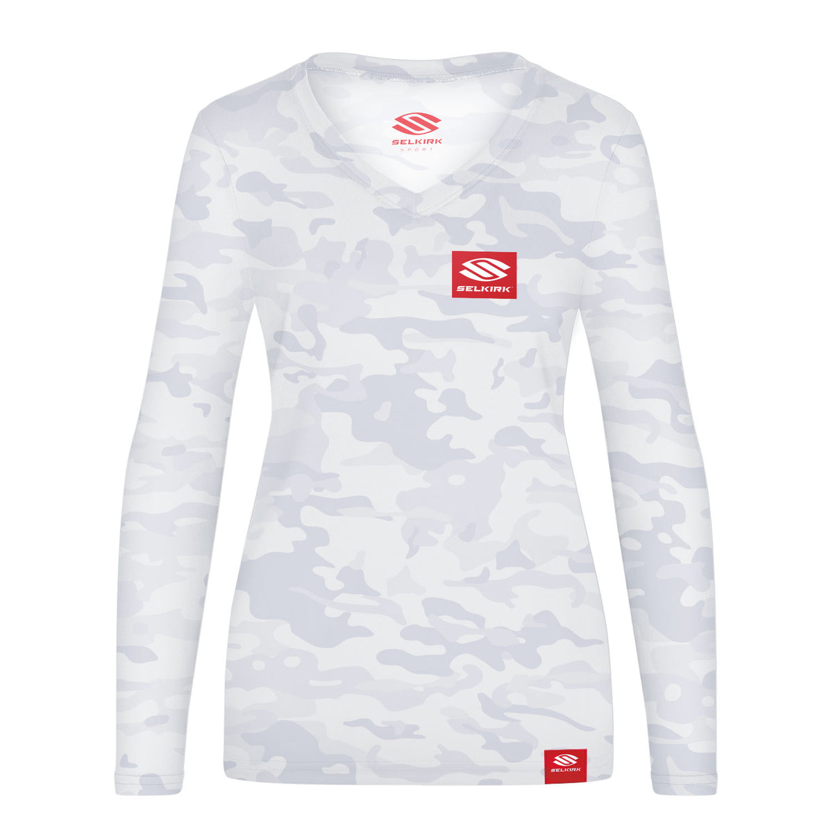 White long sleeve V-neck shirt with red logo