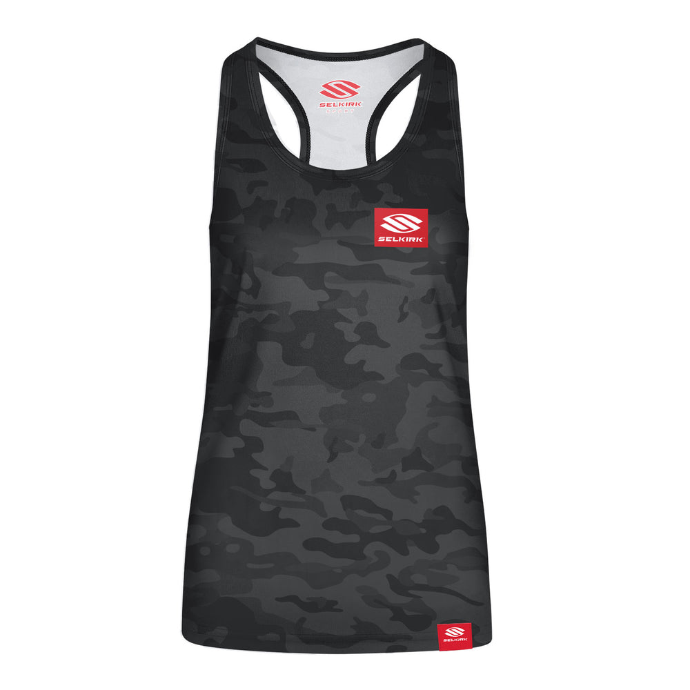 Selkirk Women's Red Label Tank Top in black camo with Stretch-Wik Technology, featuring logo on front.
