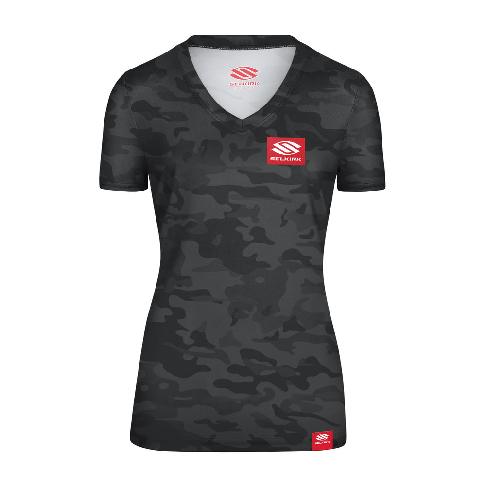 Black Selkirk Red Label Camo Women's Short Sleeve V-Neck with Stretch-Wik Technology