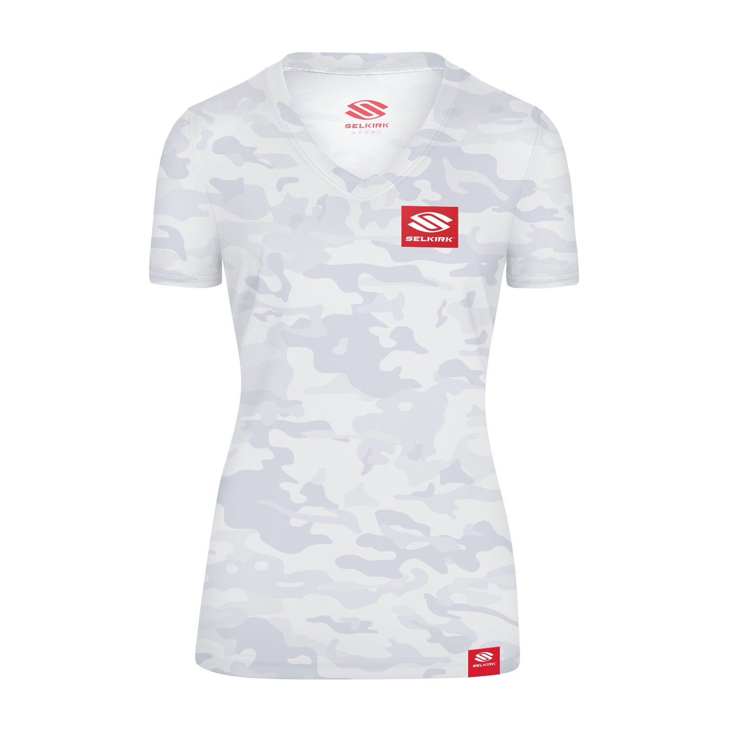 White Selkirk Red Label Camo Women's Short Sleeve V-Neck Stretch-Wik Technology