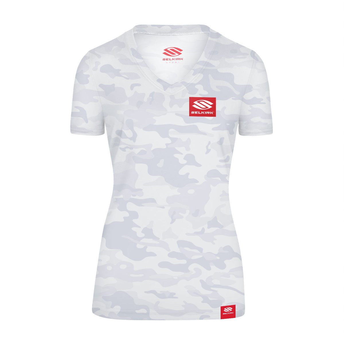 White camo women's short sleeve V-neck shirt with Selkirk logo